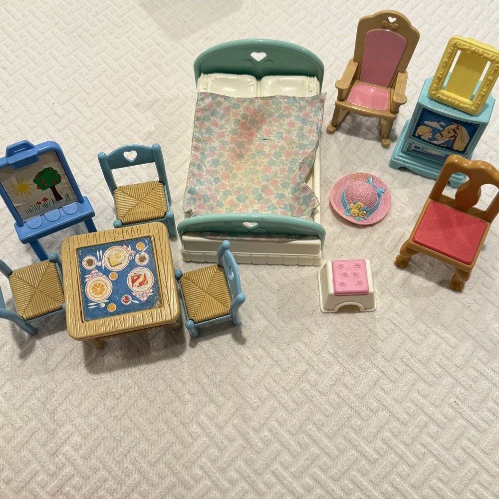 Fisher-Price Loving Family Furniture Lot Bed Table Chairs TV Rocking Chair 90s